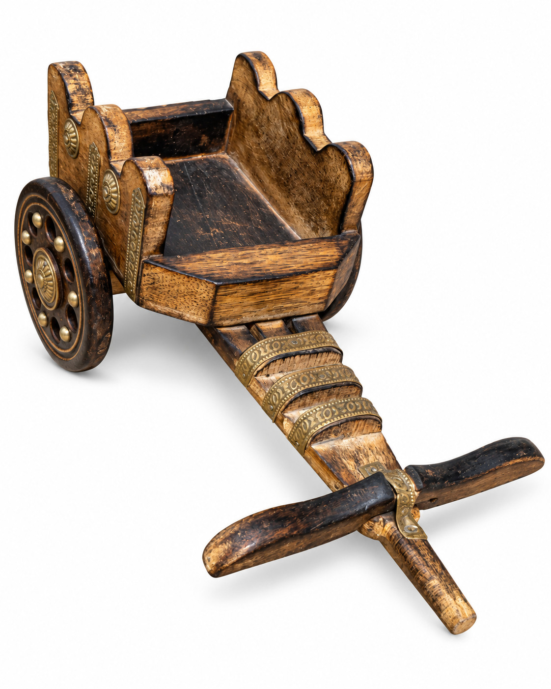 Vintage Handmade Wooden Cart Brass Detail Folk Art Miniature Wagon Decor