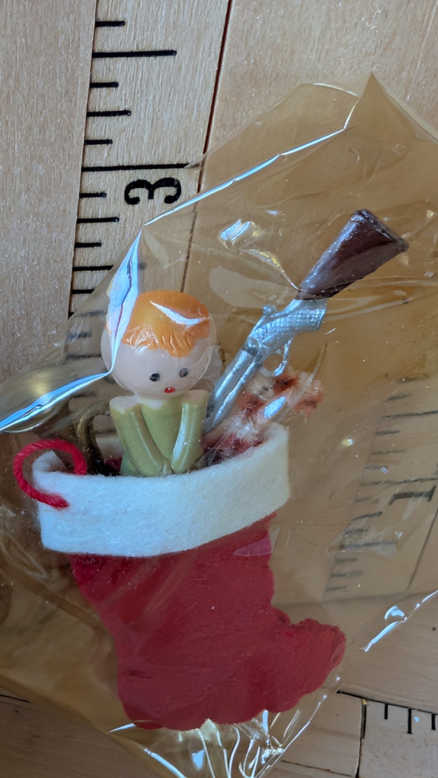 VTG  Package Tie On Decoration NRFP Felt Stocking Chenille with Riffle Horn Toys
