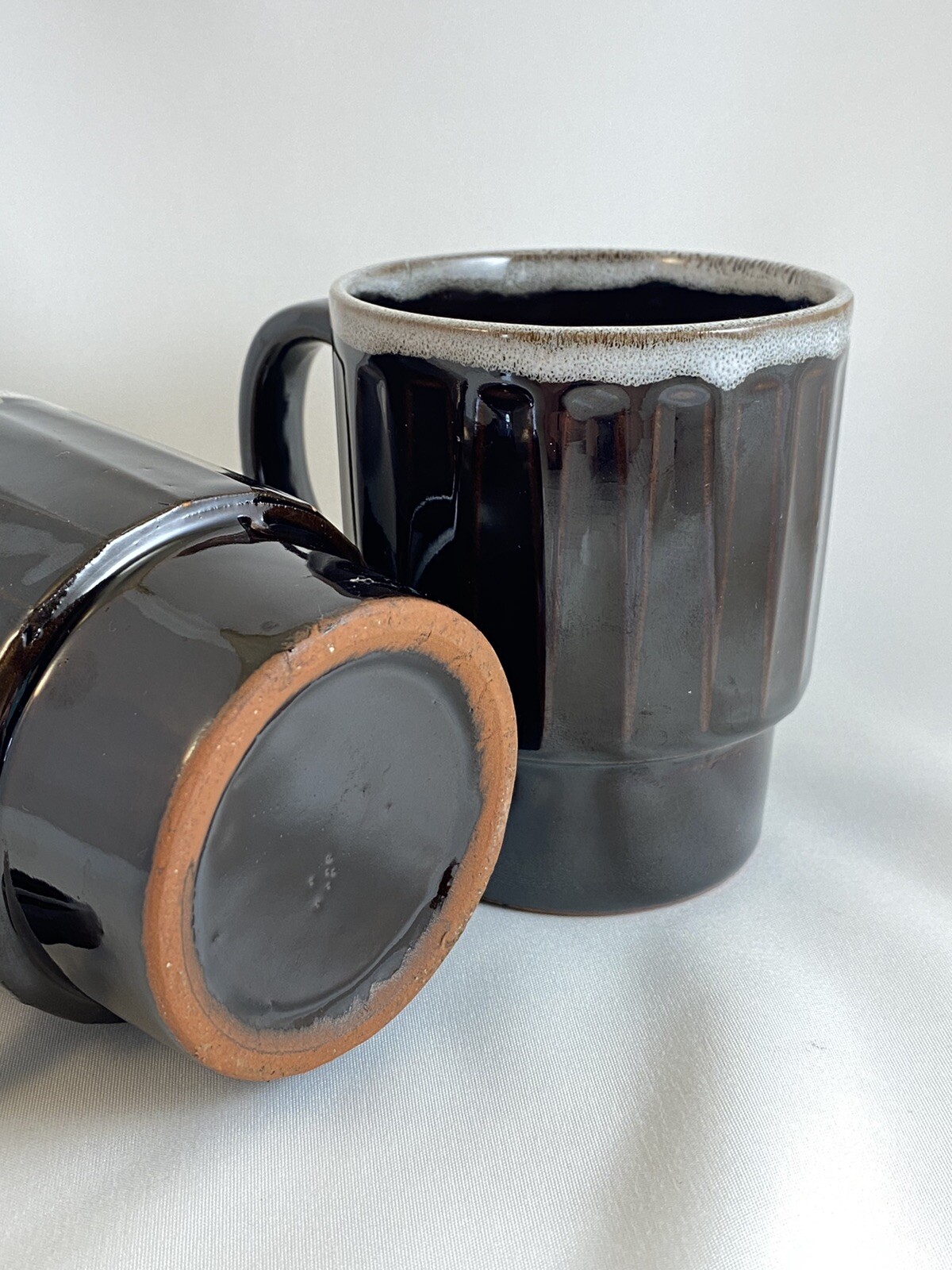 Vintage Brown Drip Glaze Coffee Mugs Stackable Ceramic Set of Two Japan