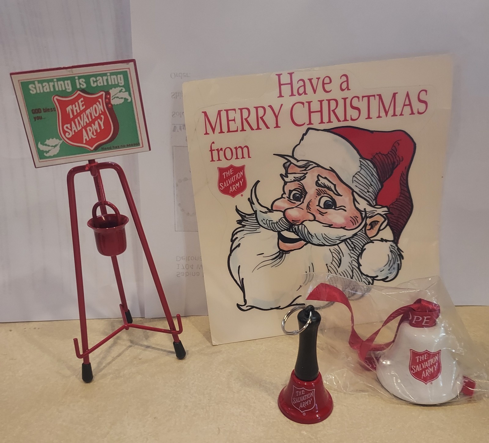 VTG Salvation Army Xmas Lot,Mini Red Kettle & Stand, 2 Bells. Retro Santa Decal