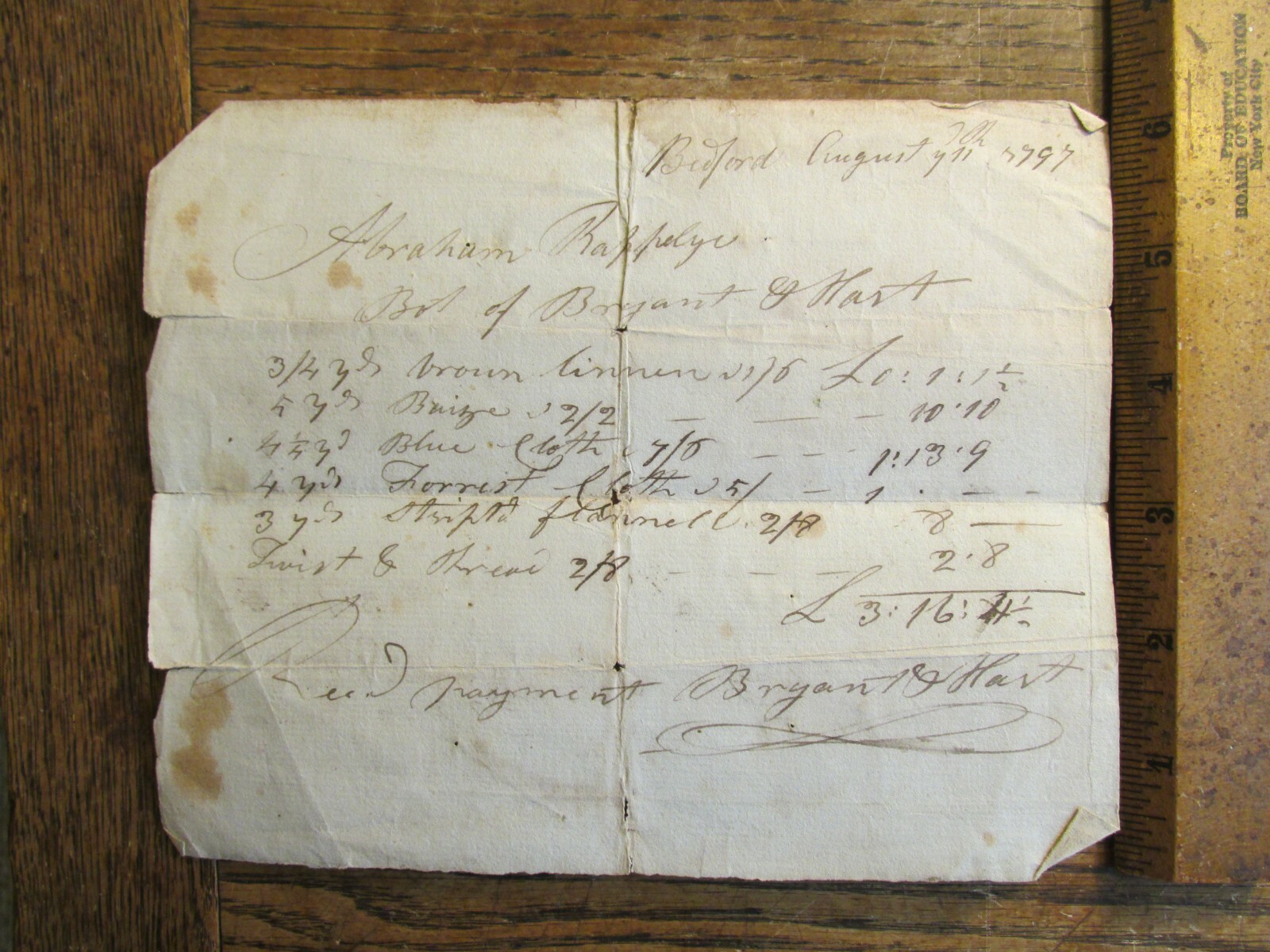 Antique Vintage Ephemera 1797 Bedford NH Receipt Document for Cloth Fabric