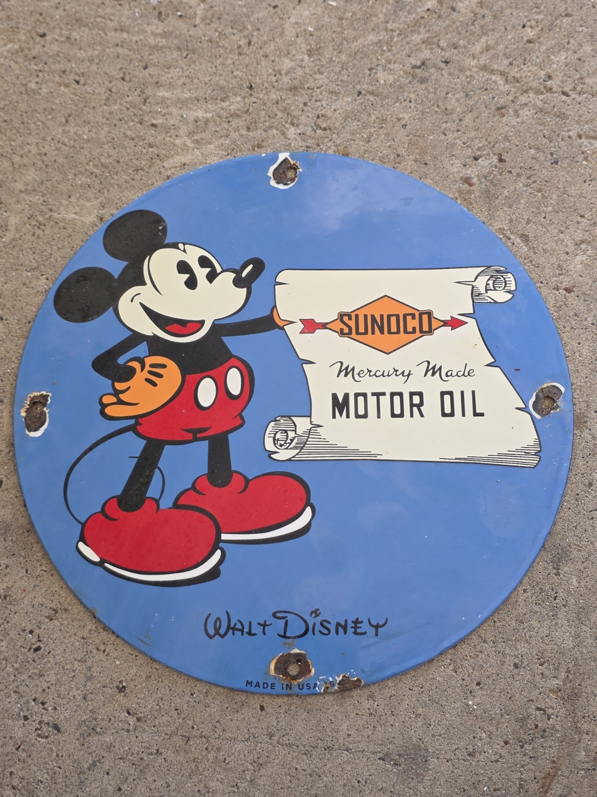 VINTAGE SUNOCO DISNEY MICKEY MOUSE PORCELAIN SIGN PUMP PLATE GAS STATION OIL