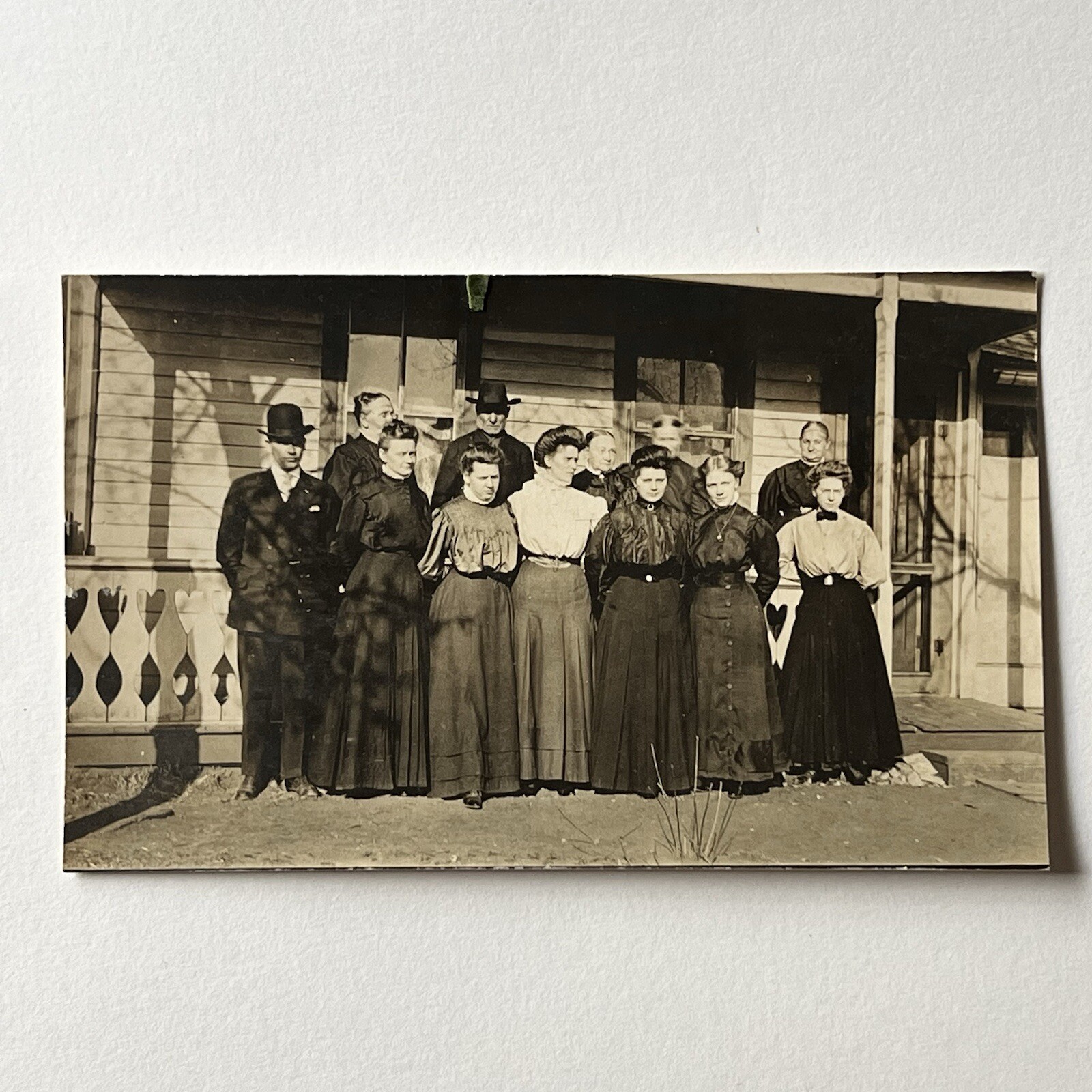 Antique RPPC Real Photograph Postcard Group Beautiful Women Men Heart Railing