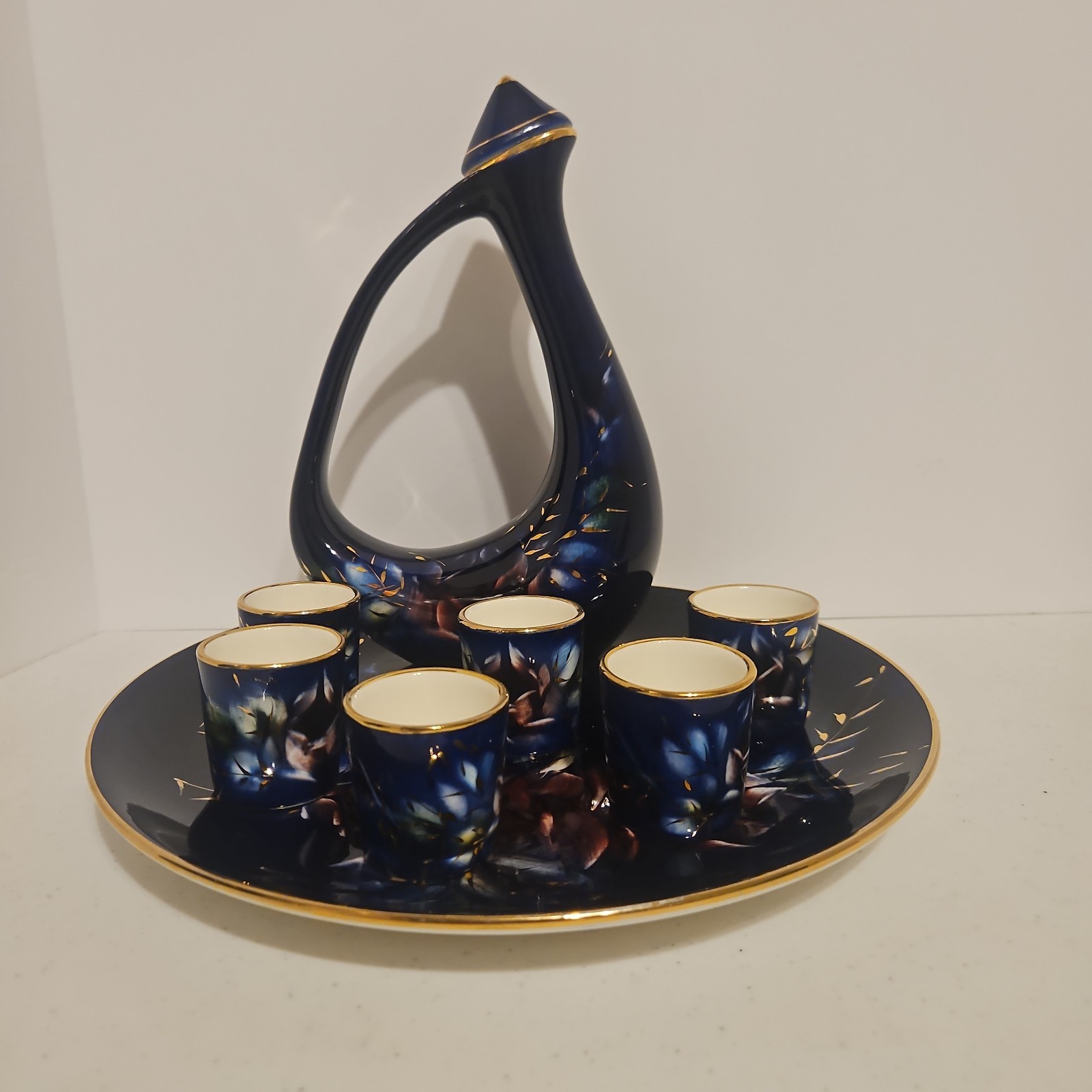Cobalt Lofisa Ceramic Cordial Set w/Plate Decanter For 6 MCM Guadalajara Gold