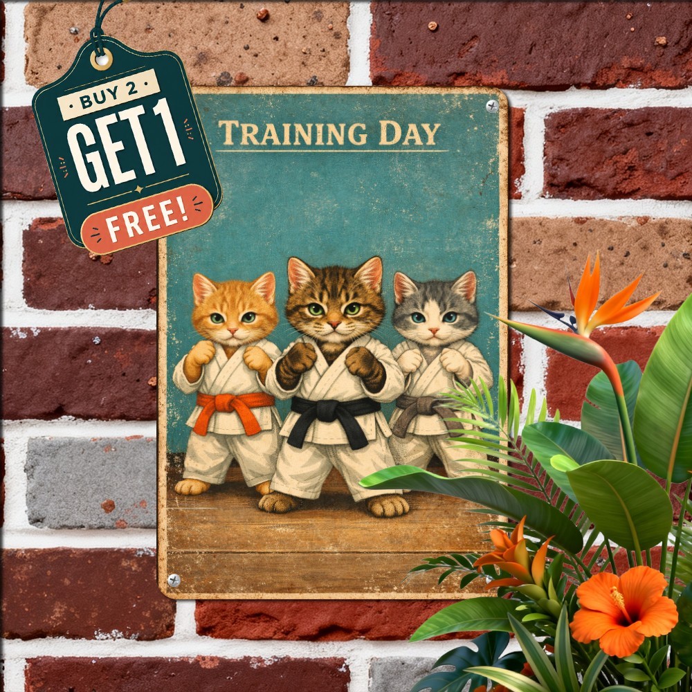 Funny Karate Black Belt Kitten Metal Sign Retro Martial Arts Wall Decor