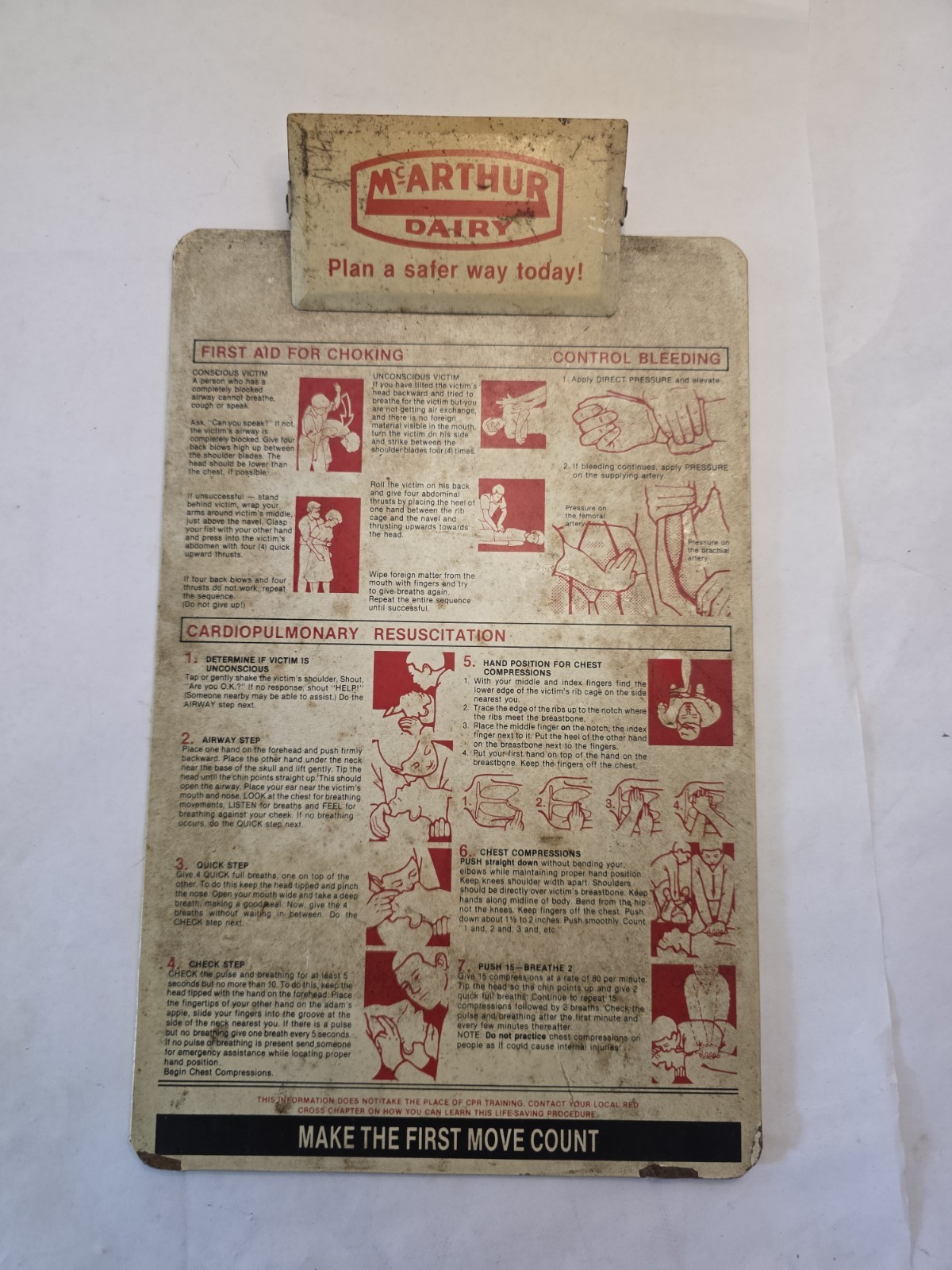 Vintage McArthur Dairy Safety Clipboard First Aid CPR Lifting Guide Advertising