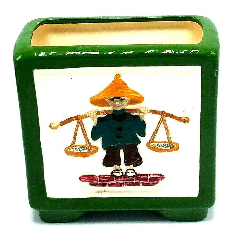 Vintage Ceramic Planter Asian Carrying Stick 1950s Midcentury Decor Signed Dated