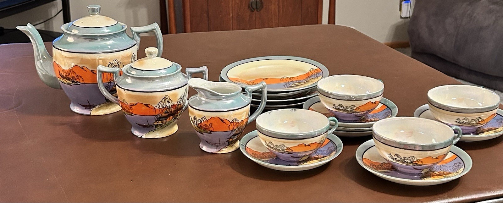Antique Takito TT Japan Lusterware Tea Set 19 Pc Hand Painted Landscape 1930s
