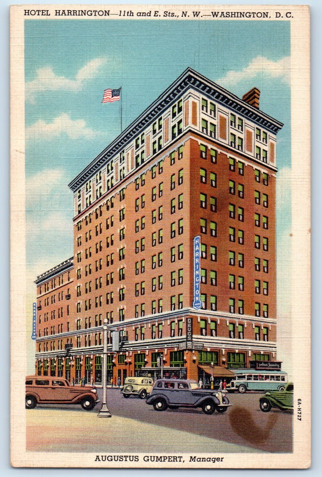 1938 Washington DC Postcard Harrington Hotel Augustus Gumpert Midway Capitol