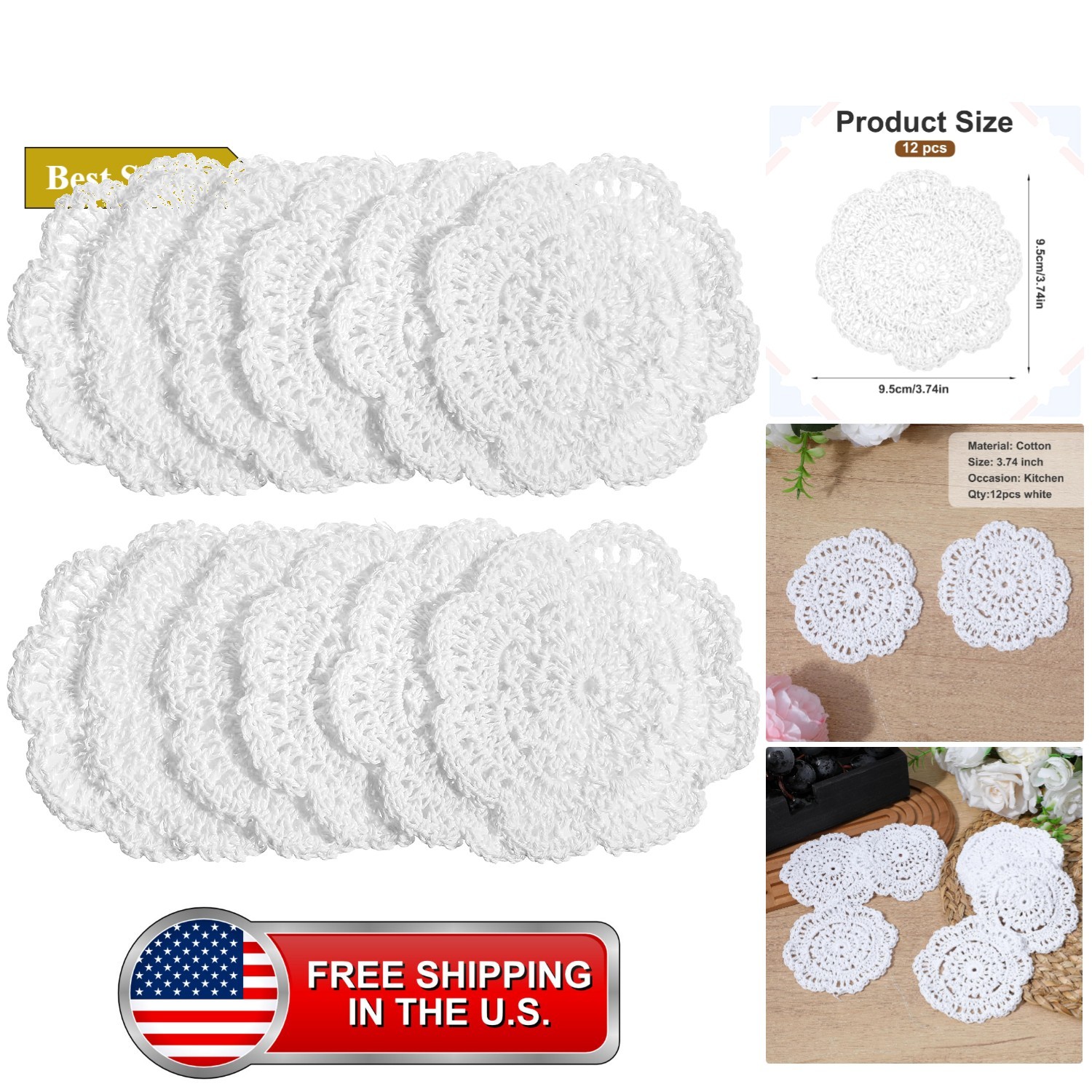 12 Pcs Floral Lace Doilies Cloth,4In White Doily Crochet Doilies 12 Pcs Floral Lace Doilies Cloth,4In White Doily Crochet Doilies
