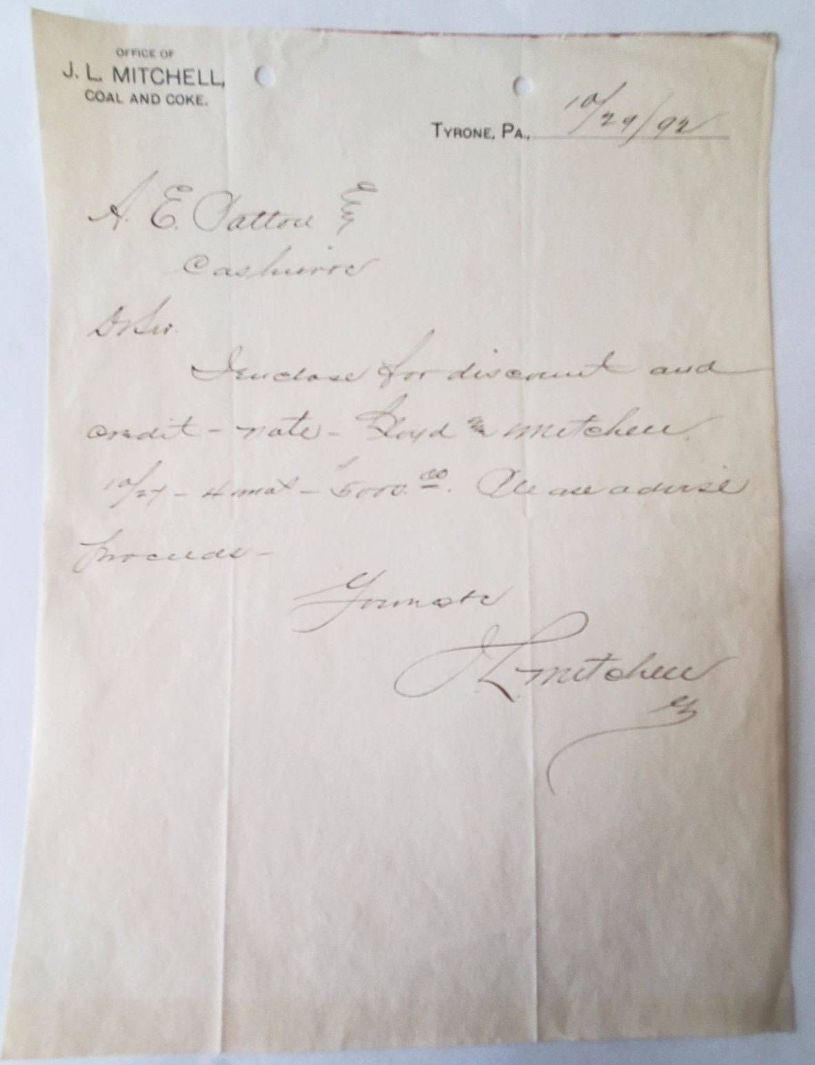 1892 Letter, J.L. Mitchell (SIGNED), Coal And Coke, Tyrone, Pennsylvania