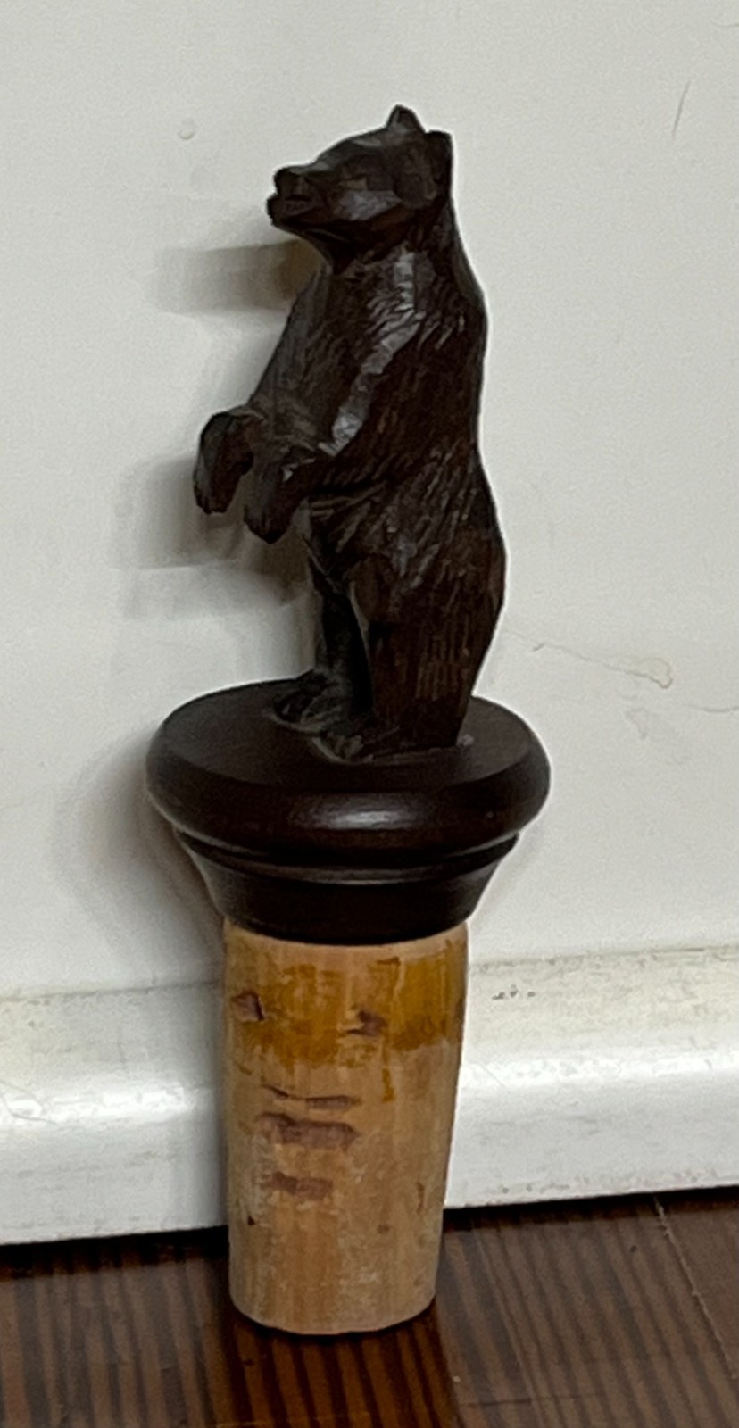 Vintage Hand Carved Black Forest Wood Bear Bottle Stopper Swiss Folk Art Antique