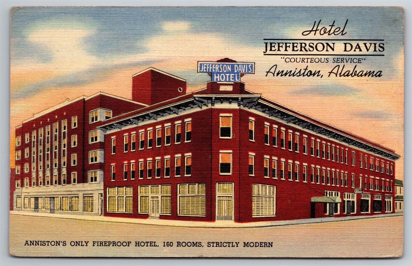 The Jefferson Davis Hotel Anniston AL Fireproof Modern C1940s Postcard Y14