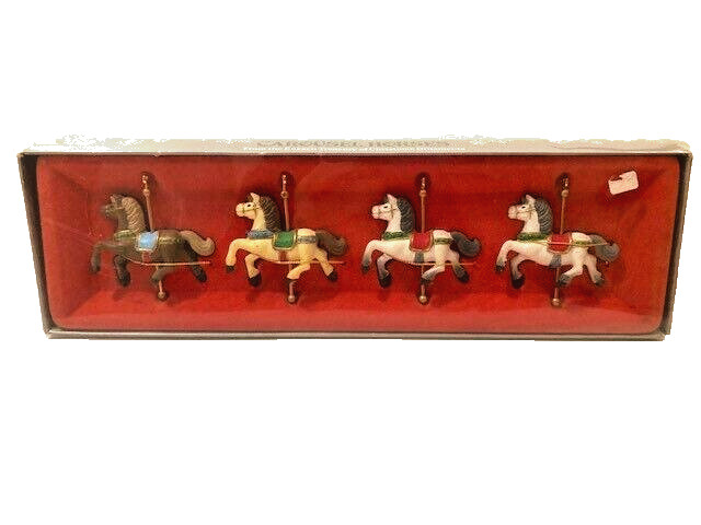 Vintage 1982 Enesco CAROUSEL HORSES Set of 4 Christmas Ornaments - 