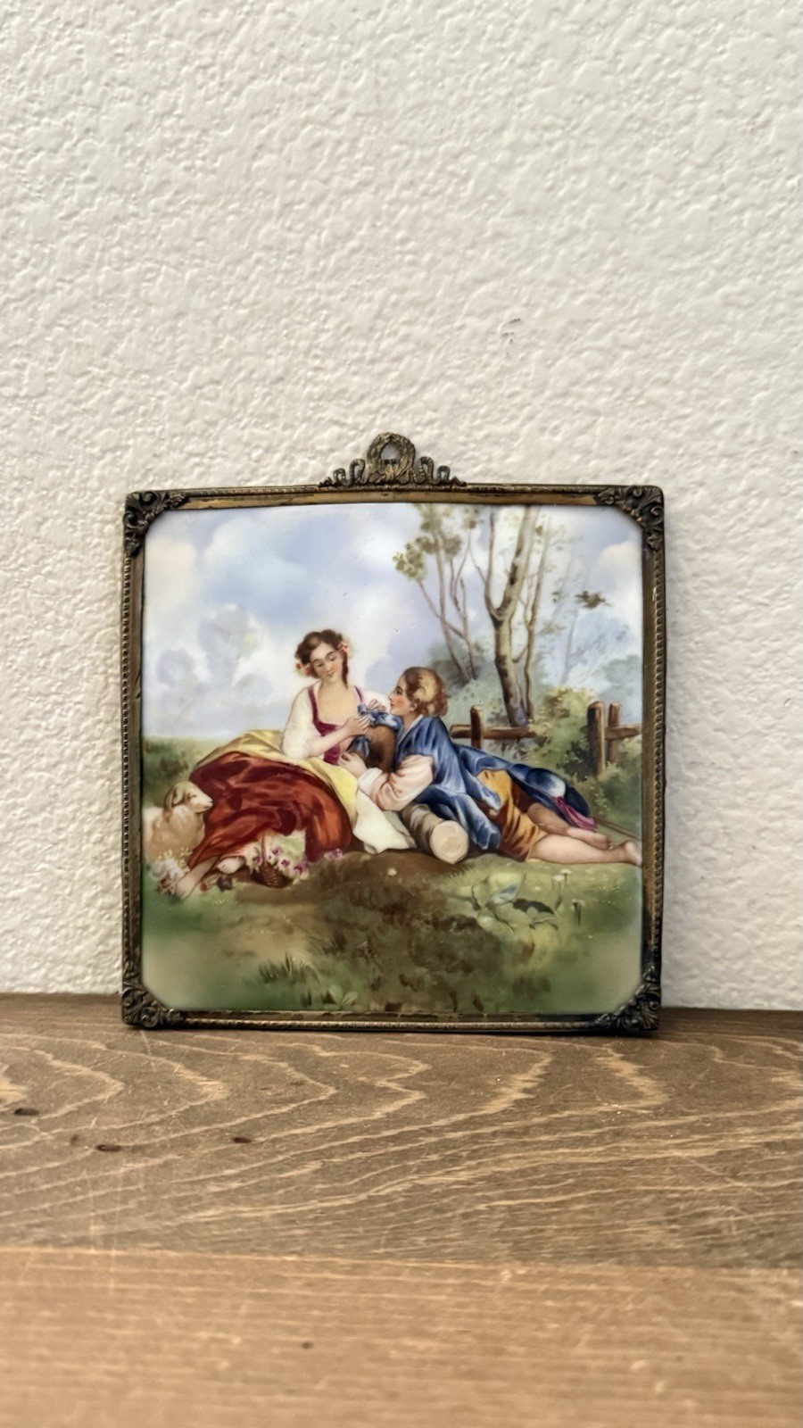 Antique Porcelain Hand Painted Plaque Rococo Pastoral Scene