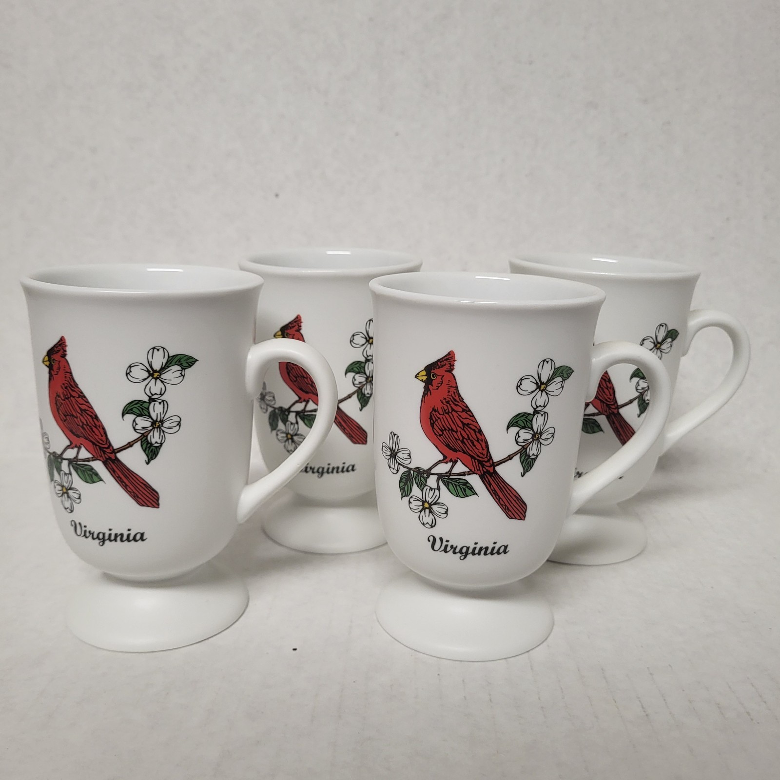 Vintage Mid-Century Virginia Cardinal/Dogwood Footed Pedestal Mug, Set of 4