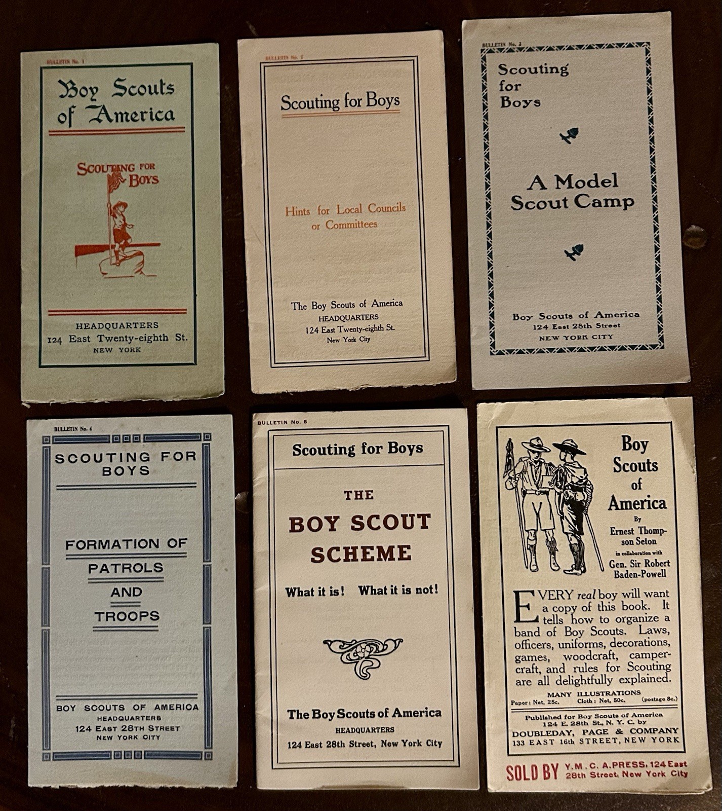 RARE 1910 Boy Scouts of America Bulletins 1-5 Complete Set + YMCA Prospectus Lot