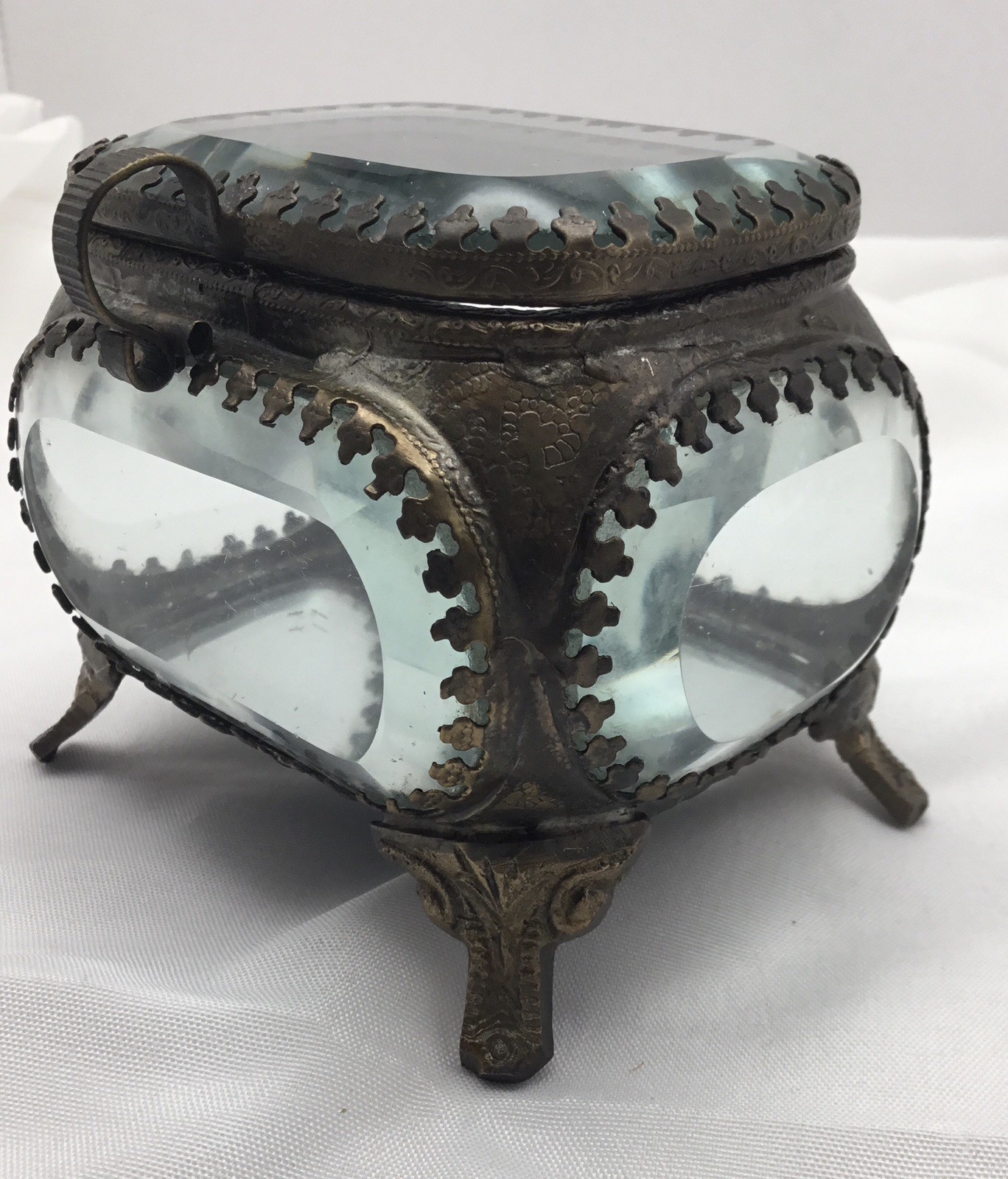 Antique  Thick Beveled Glass Jewelry Casket Box