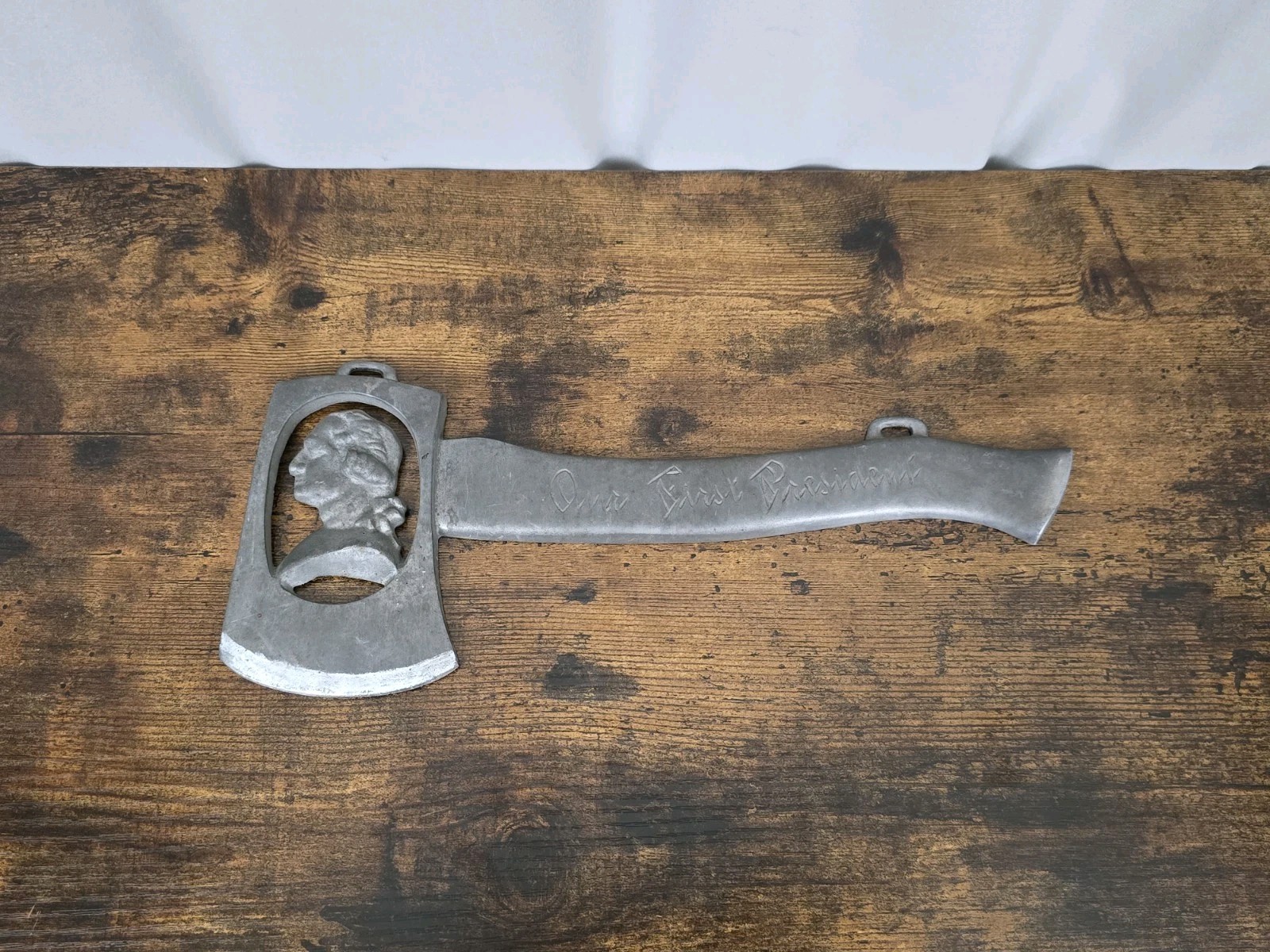 Vintage *RARE* \'Our First President\' Hand-Engraved by Cecil R. Axe/Hatchet Sign 