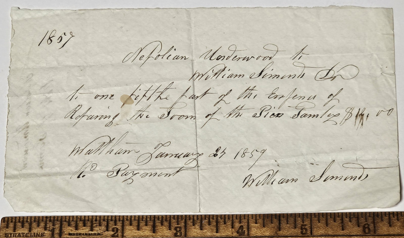 1857 Waltham MA Family Tomb Repair Receipt Napoleon Underwood Wm Simonds Signed