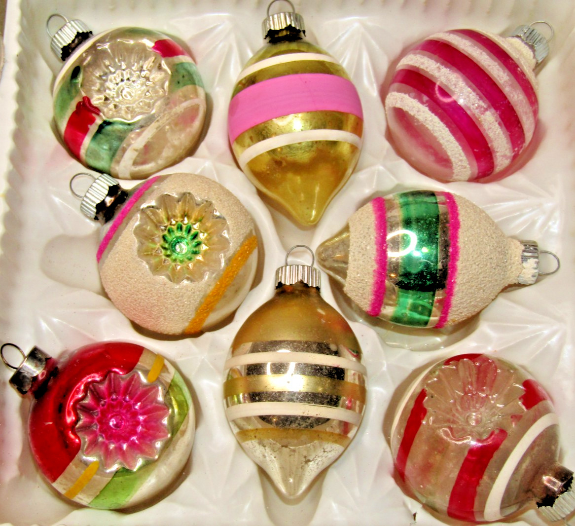 Lot VTG Glass Mica Indent Striped DROP BALL Christmas Ornaments Shiny Brite