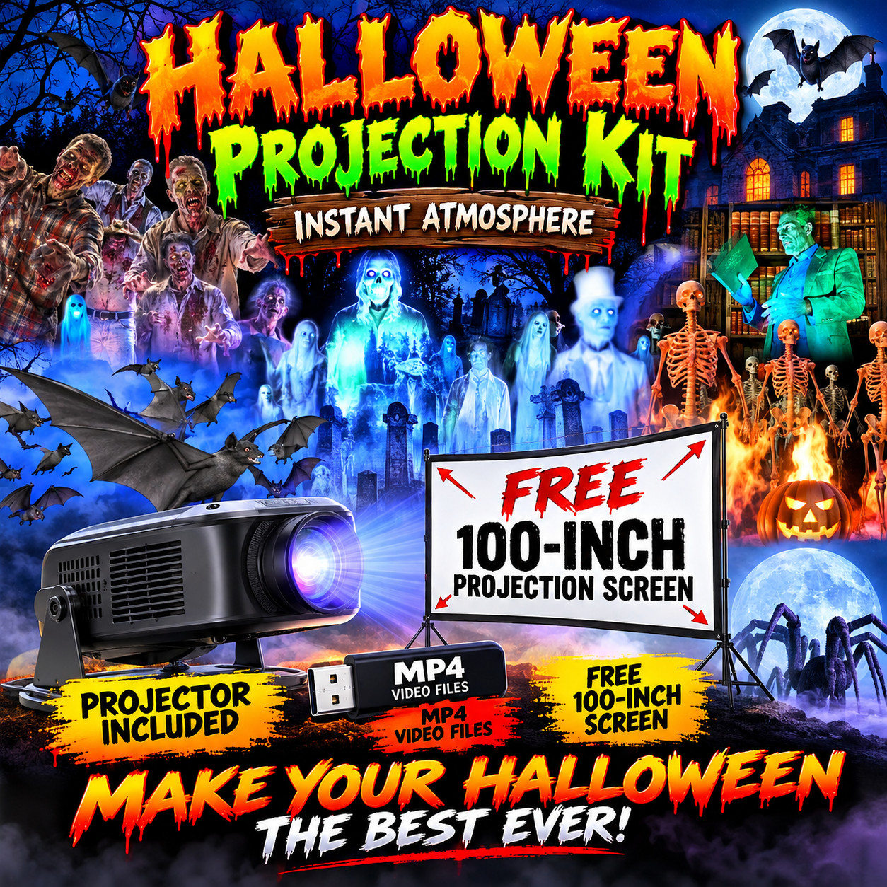 HOLIDAY PROJECTION - Halloween Kit: 13 Effects, LED Projector & Screen