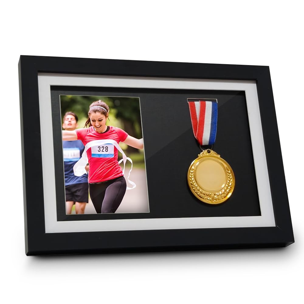 Medal Display Shadow Box for 3 Medals or 4 x 6 Photo, Fold-Out Stand