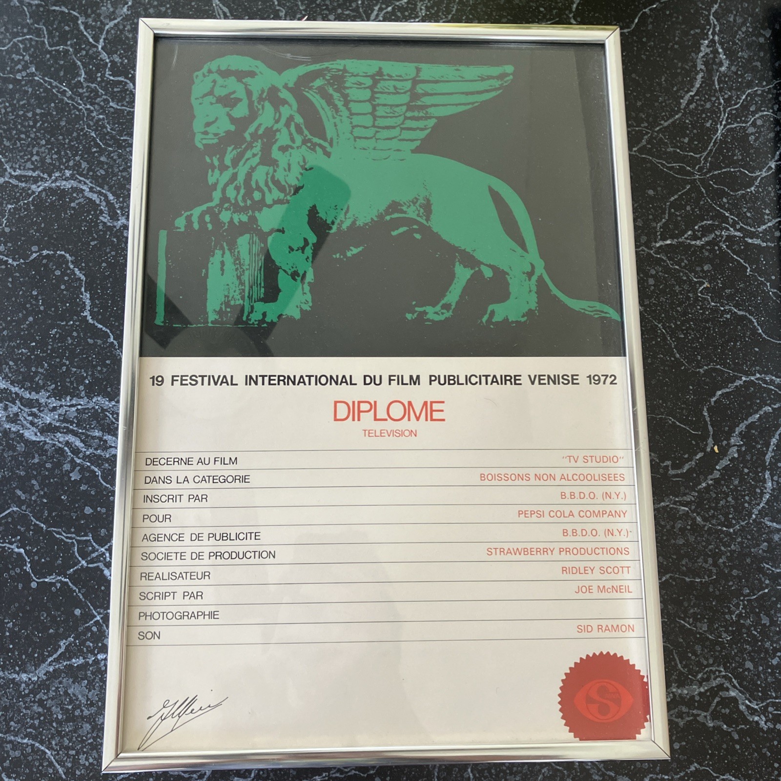 1972 Venice Film Adventures Festival Diploma Pepsi BBDO Ridley Scott Vintage