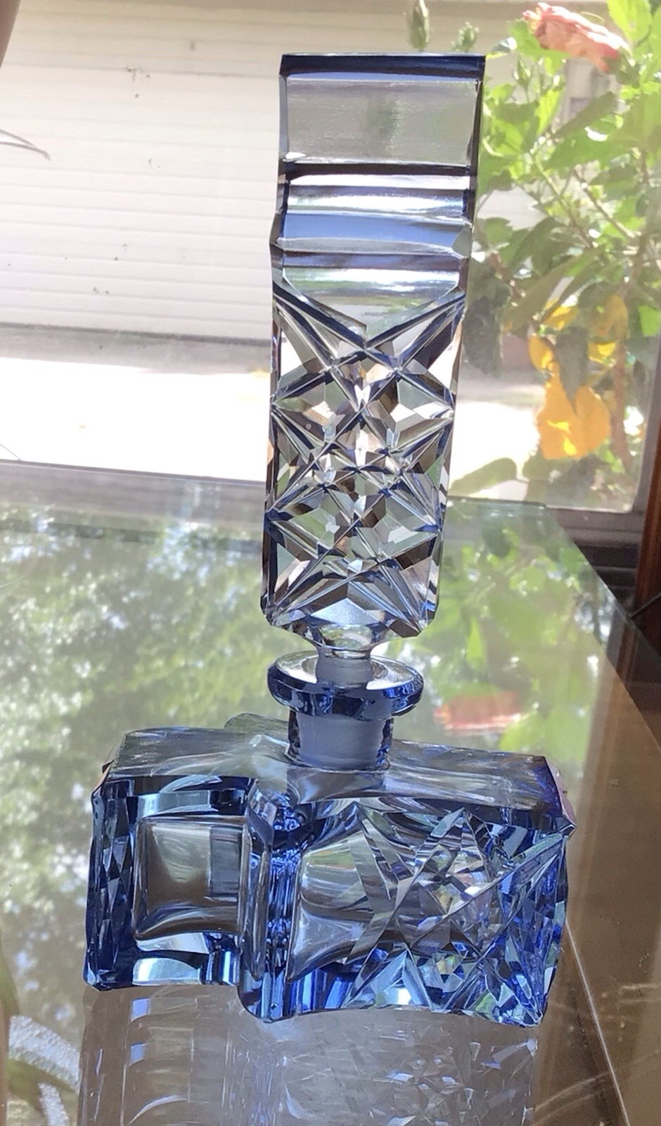 Vintage Blue Czech Bohemiam Cut Glass Perfume Bottle.  6” Tall.