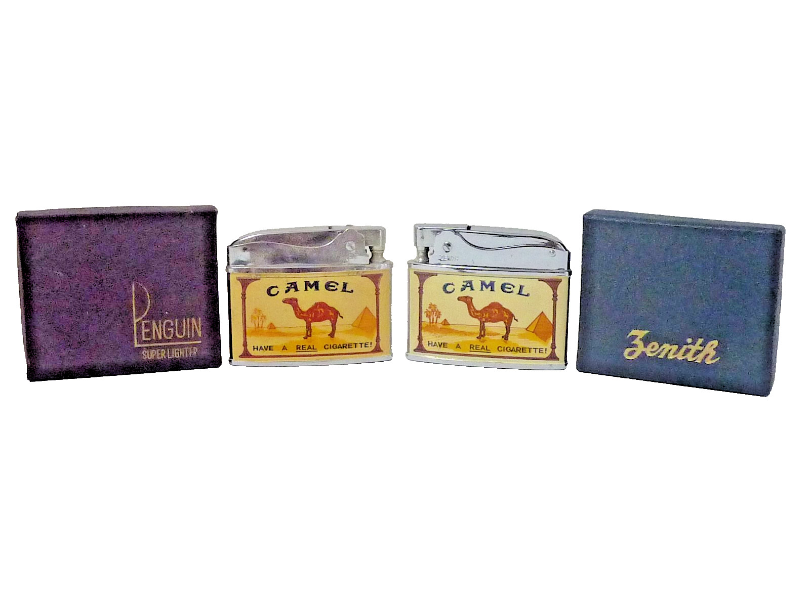 2 Vintage Rare 1950's NEW IN BOX Camel Adv Cigarette Lighters, Penguin & Zenith