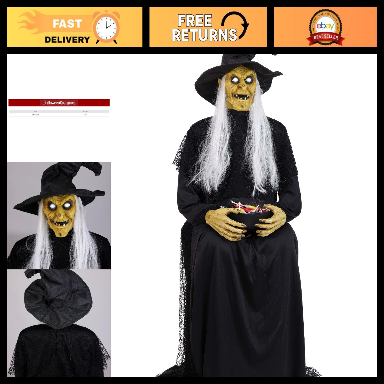 Seated Witch Animatronic Candy Bowl Holder | Motion Activated Halloween Decor, S