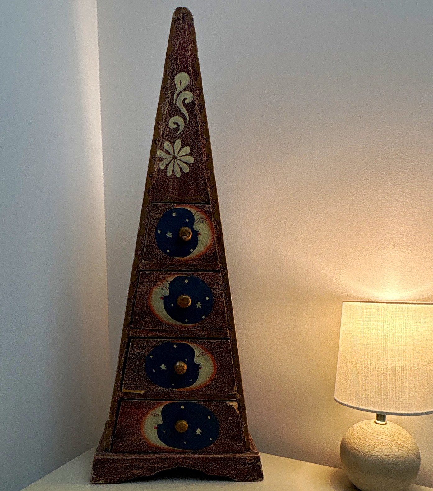 Hand-Painted Wood 4-Drawer Storage Chest Moon Sun Stars Floral Brown Blue White