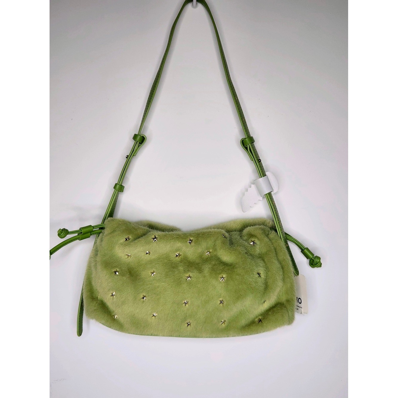 NWT Anthropologie Olive Lime Faux Fur Star Studded Drawstring Shoulder Bag Green