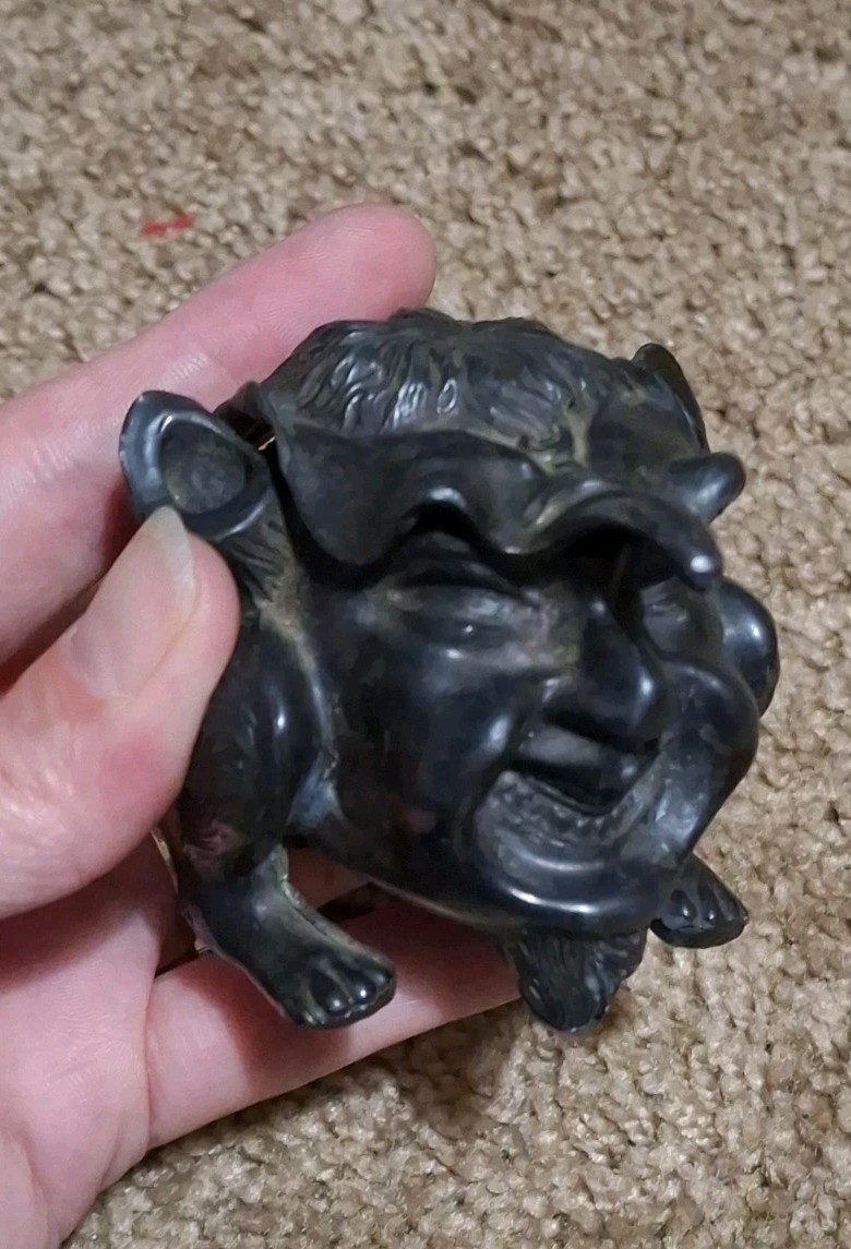ANTIQUE DEVIL IMP GARGOYLE Metal Ink Well Inkwell with ORIGINAL GLASS LINER 