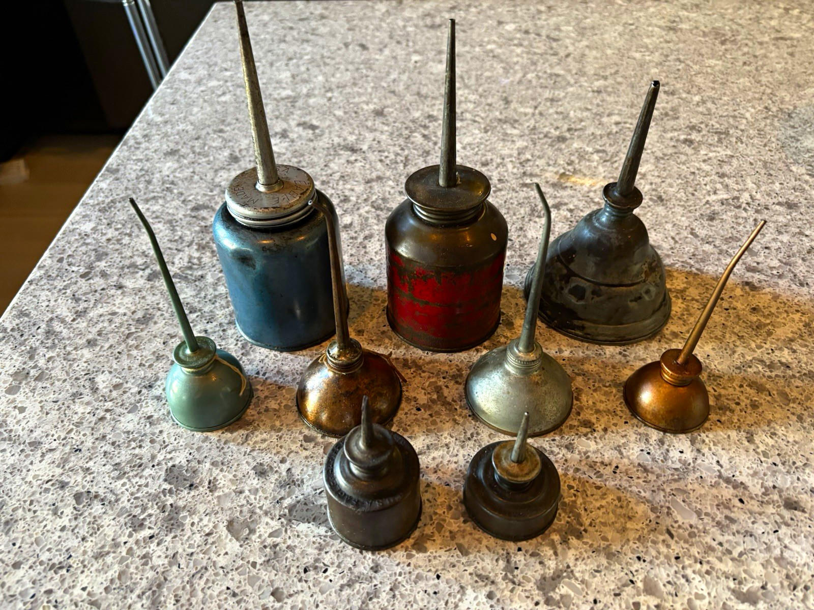 Lot of 8 Vintage Metal Oil Cans/Oilers w/ Long Spouts, Multicolor Gas & Oil