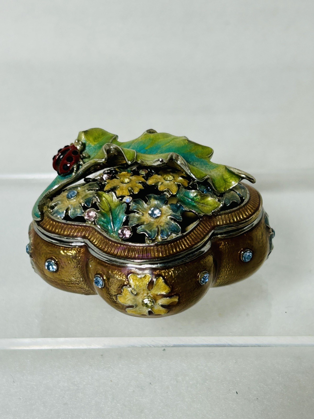 Bejeweled  ladybug onleaf Hinged Metal Enameled Crystal Trinket box