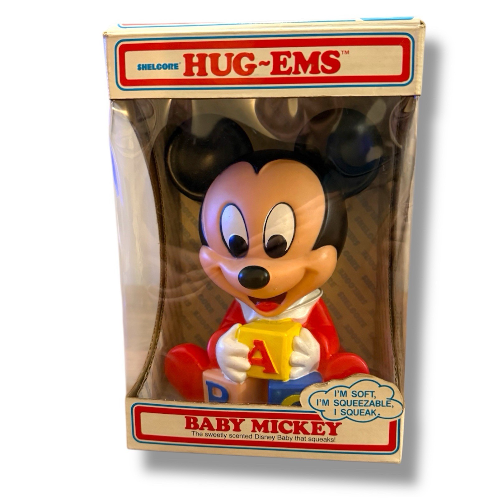 Vtg 1986 Mickey Mouse Disney Hug-Ems Squeak Toy / NEW IN ORIGINAL BOX Retro (16