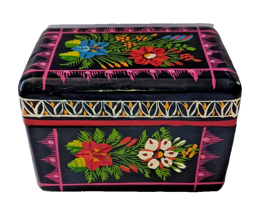 Vtg Mexican Olinala Wood Trinket Box Hand Painted Flowers Lacquer Ware Folk Art