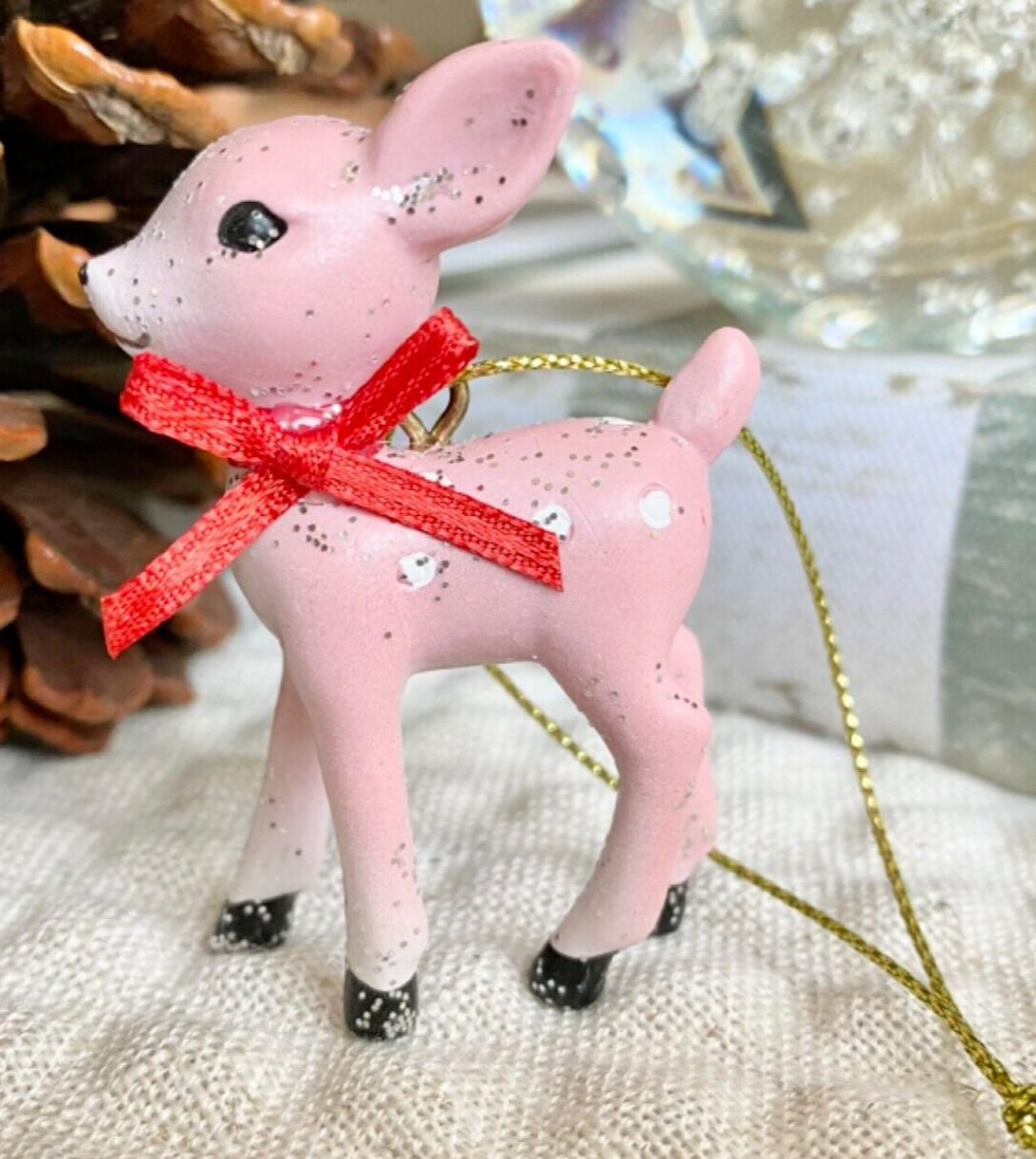 New MINIATURE Vintage Retro Style Target Christmas Pink Reindeer Fawn Ornament