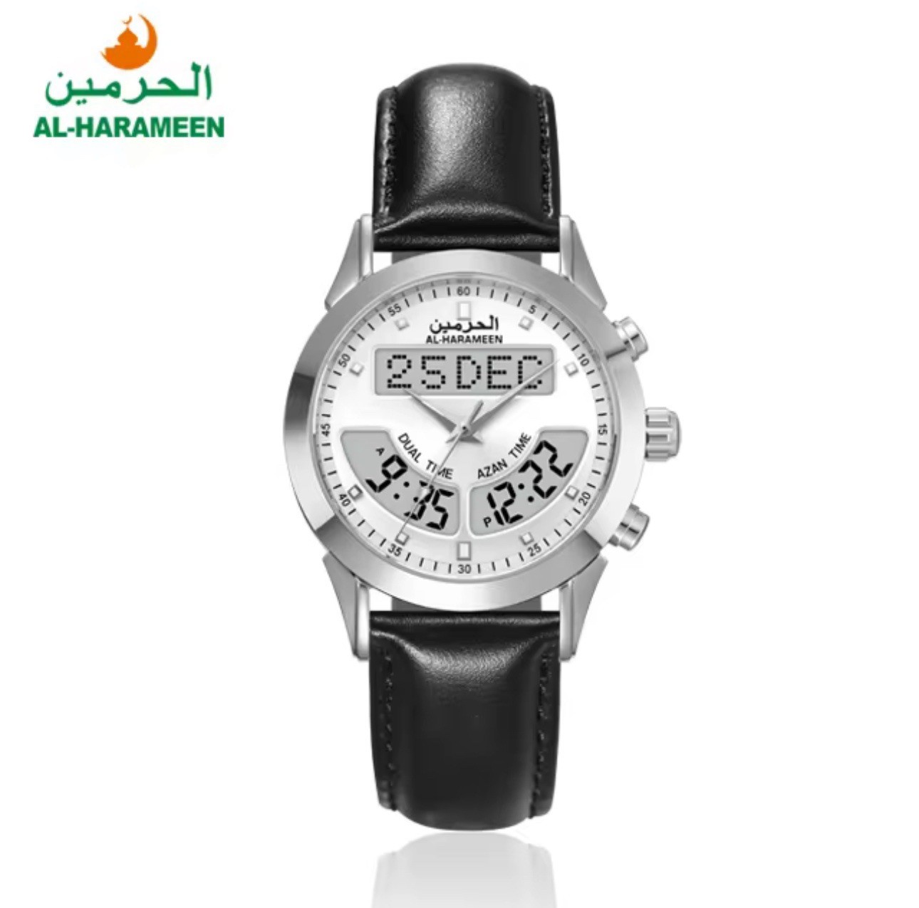 Silver Azan watch with dual time, Qibla, calendar, and black leather strap