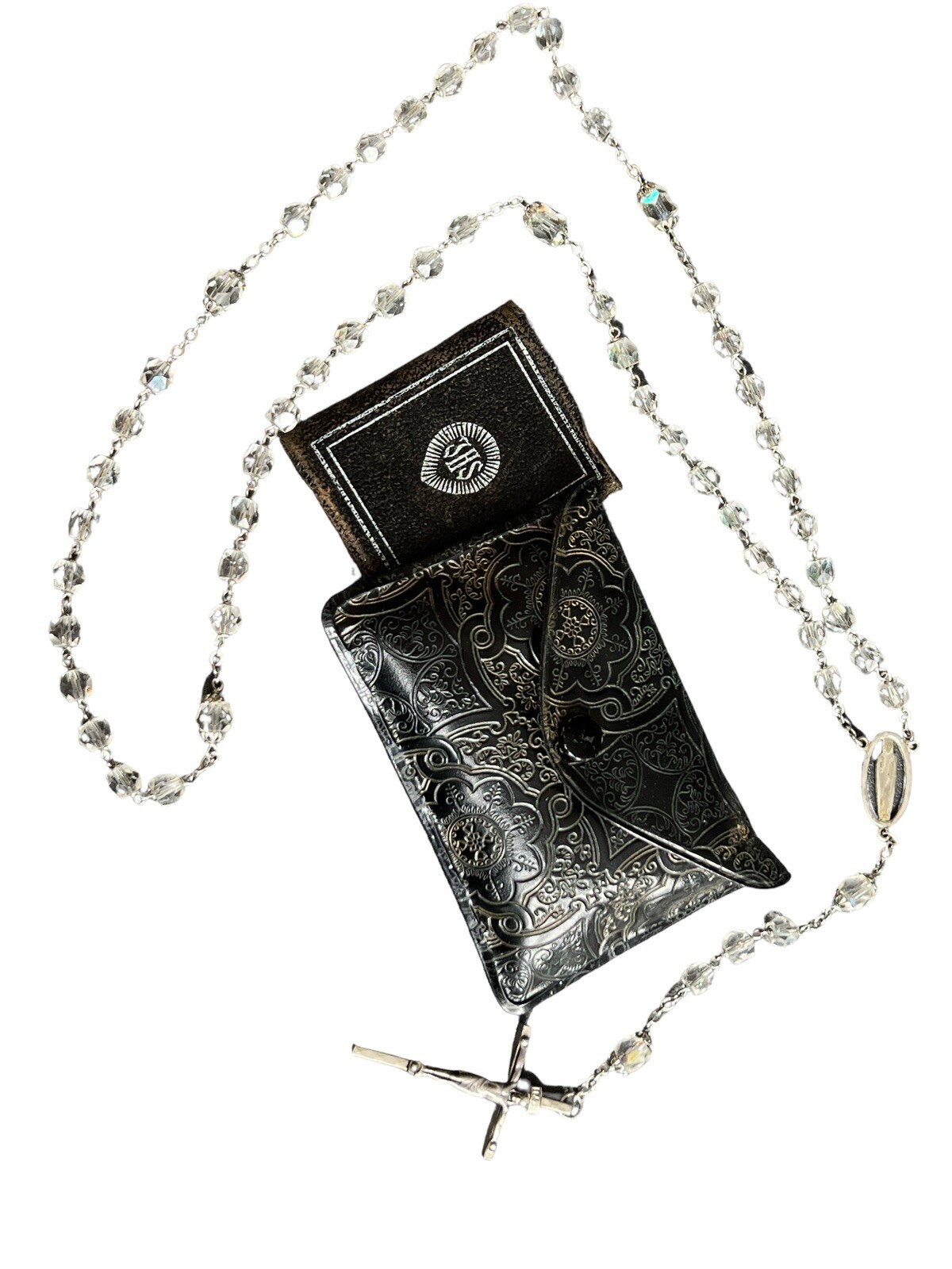 Vintage Beaded Cross Rosary Crucifix, Tiny Leather Prayer Book Estate Case Clear