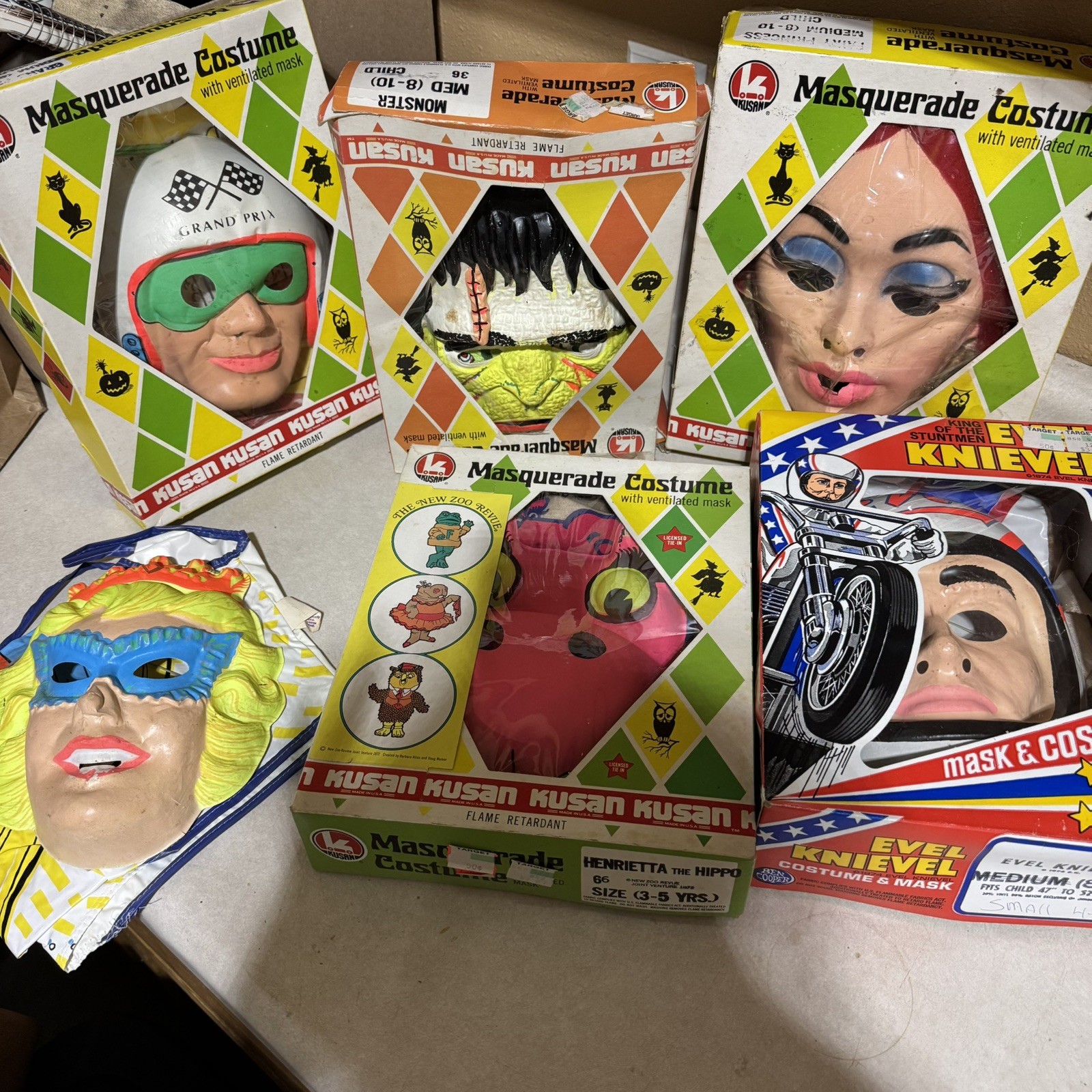 Bundle of vintage kusan Halloween masks w/ *Rare* Evel Knievel Ben Cooper Mask 