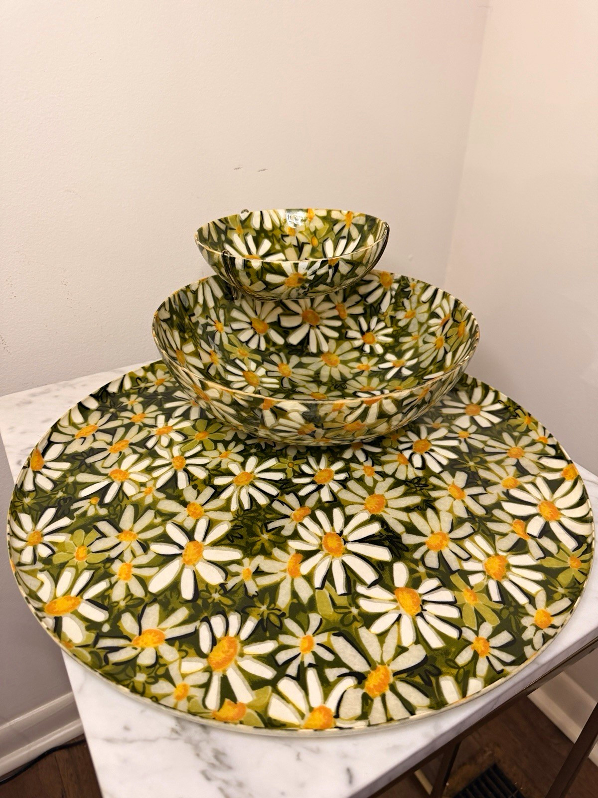 Vtg MCM Flower Power Daisy Fiberglass Chip & Dip Set w/ 17” Platter Tray 