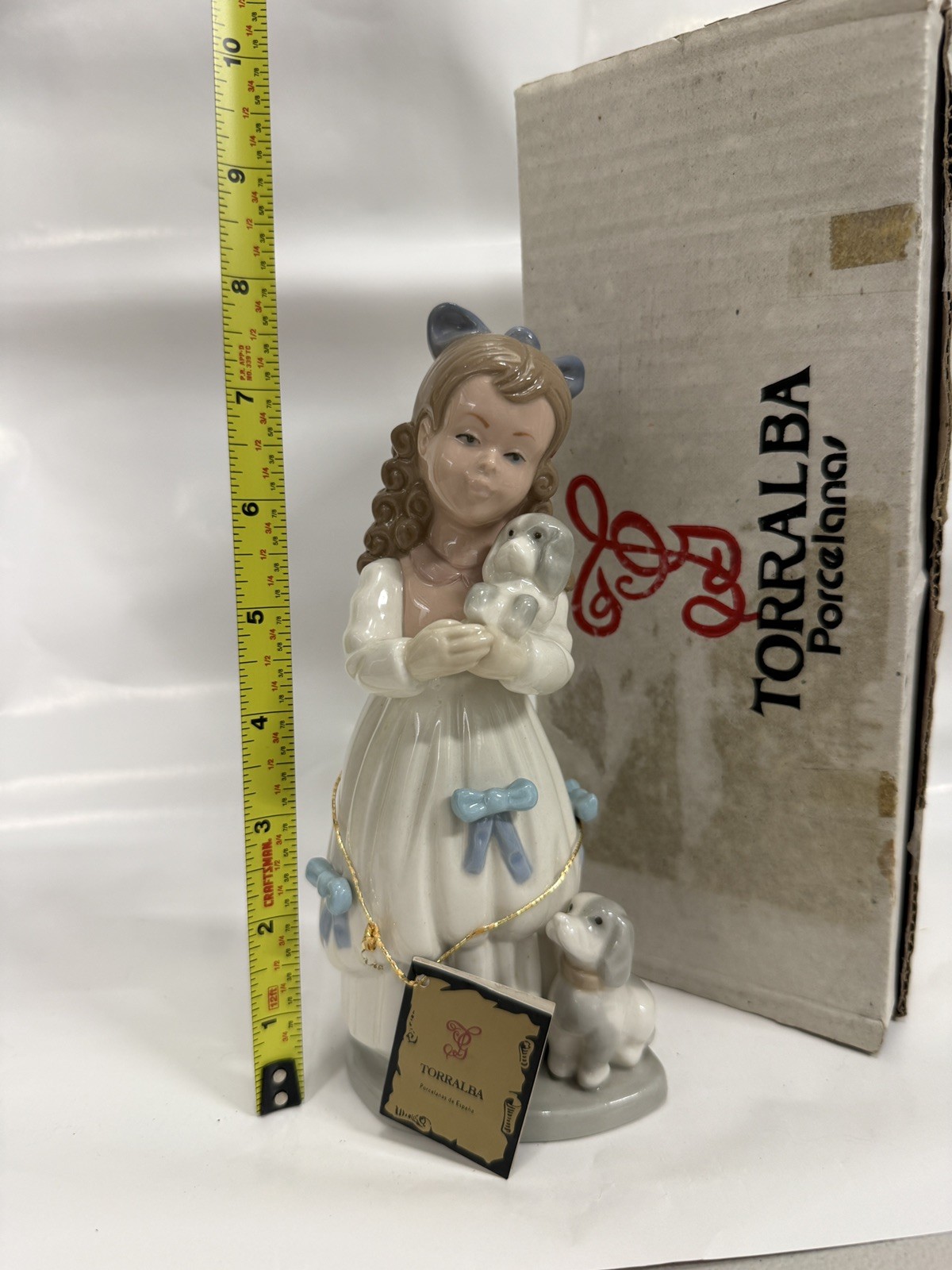 Vintage Torralba Spain Porcelain Girl w/ Puppies Dogs Figurine 8” Box & Tag