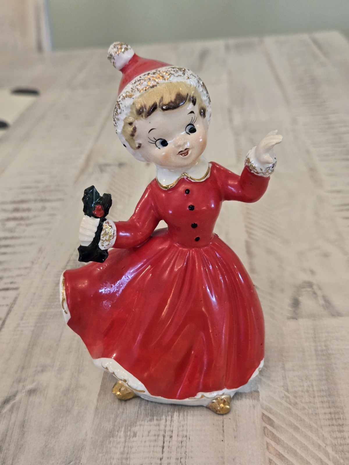HTF Made In Japan Vintage Christmas Red Santa Hat Girl Figurine Holly Norcrest