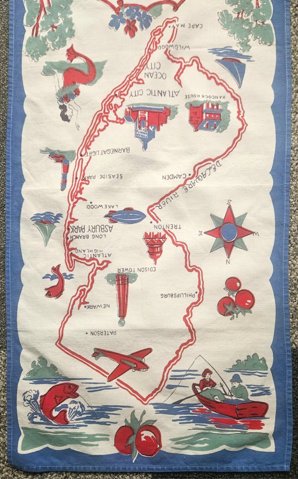 VINTAGE Mid Century MCM 1940s 1949 NEW JERSEY TEA TOWEL AMAZING Graphics MINT 