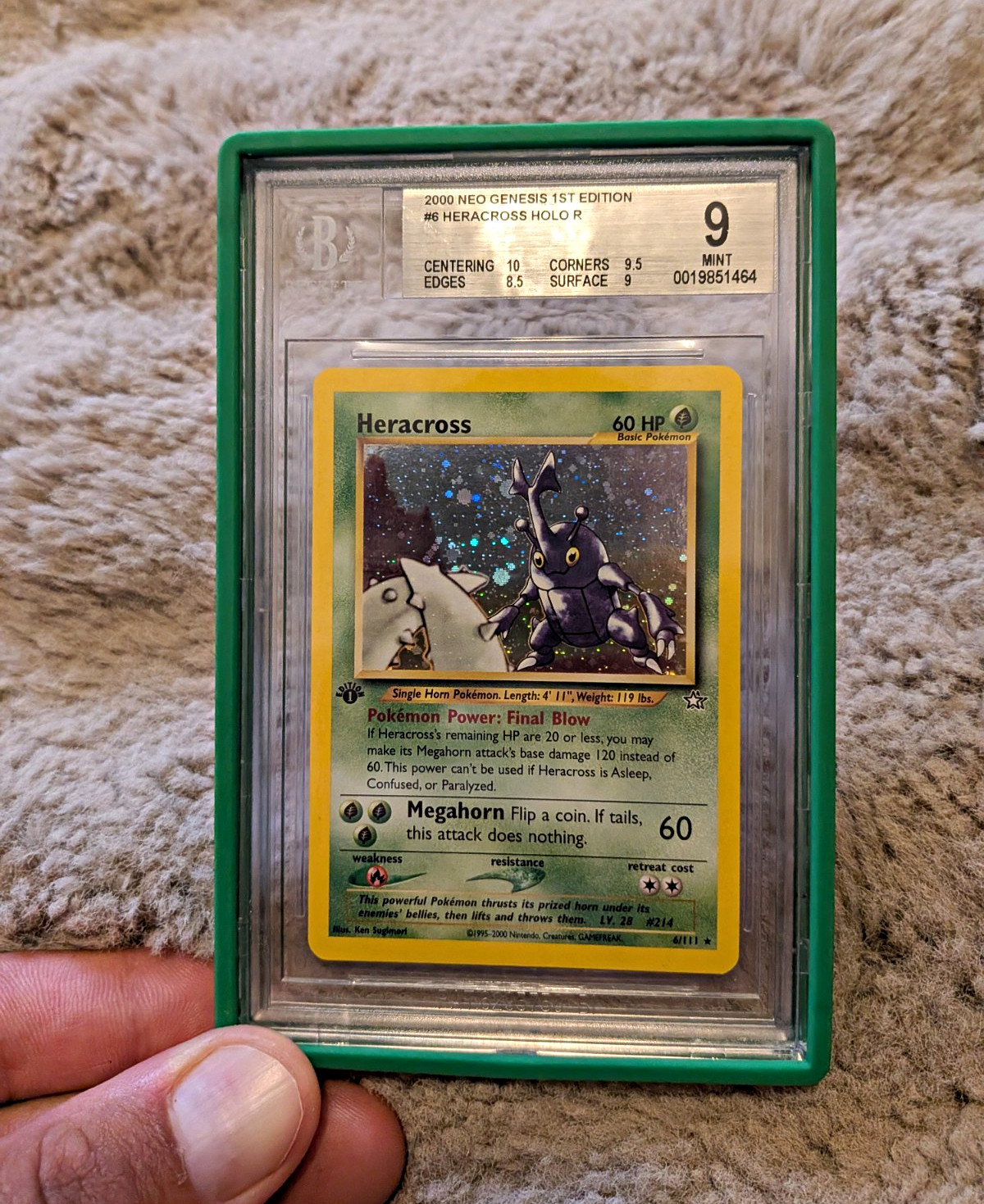 10 SUBGRADE Pokémon 2000 Neo Genesis 1st Edition Heracross BGS 9 Holo 6/111