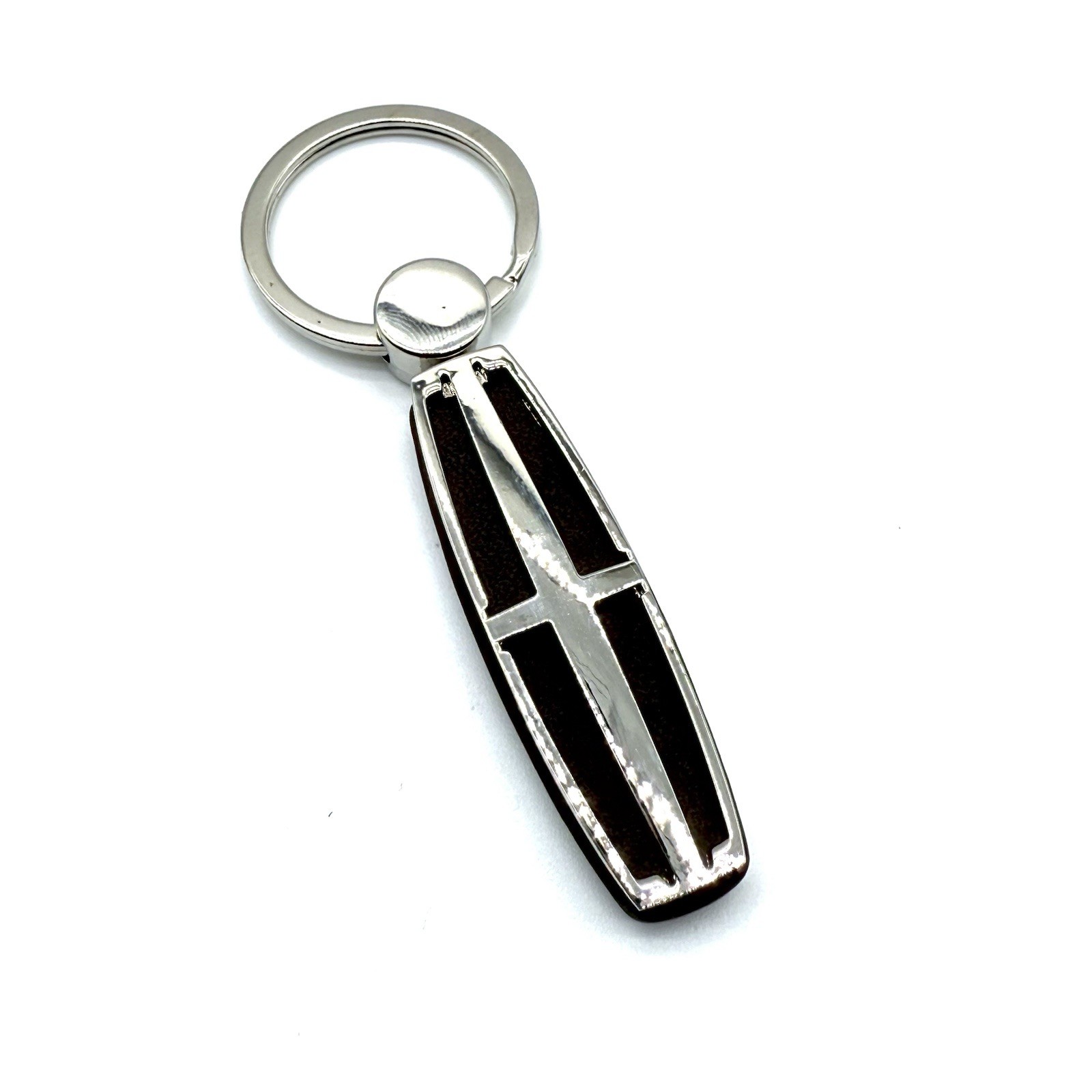 Lincoln Silver-Tone Logo Keychain with Brown Inlay & Gift Box