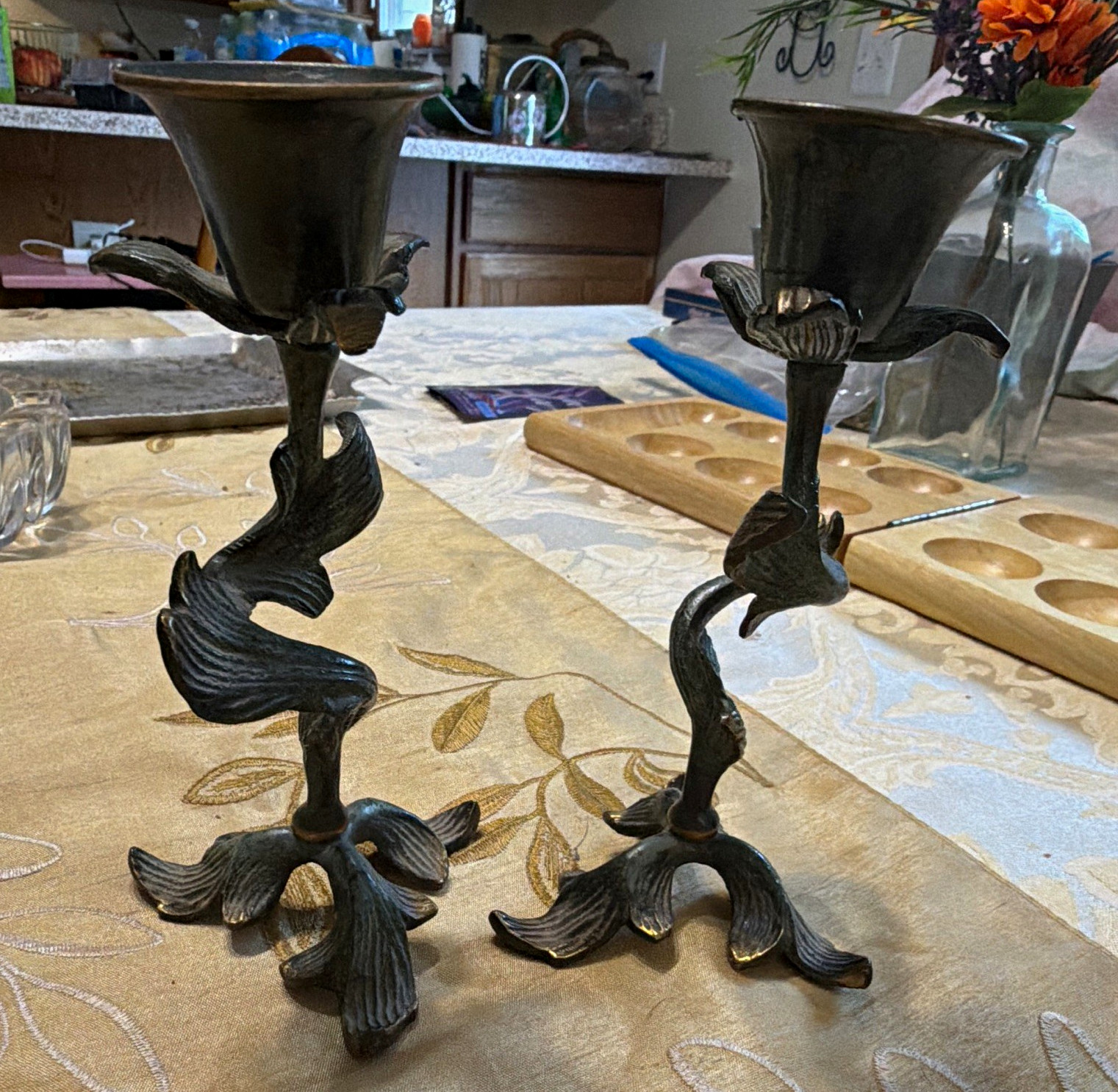Rare vintage  Pair of Bronze Verdigris Art Nouveau Sculptural Candle Holders