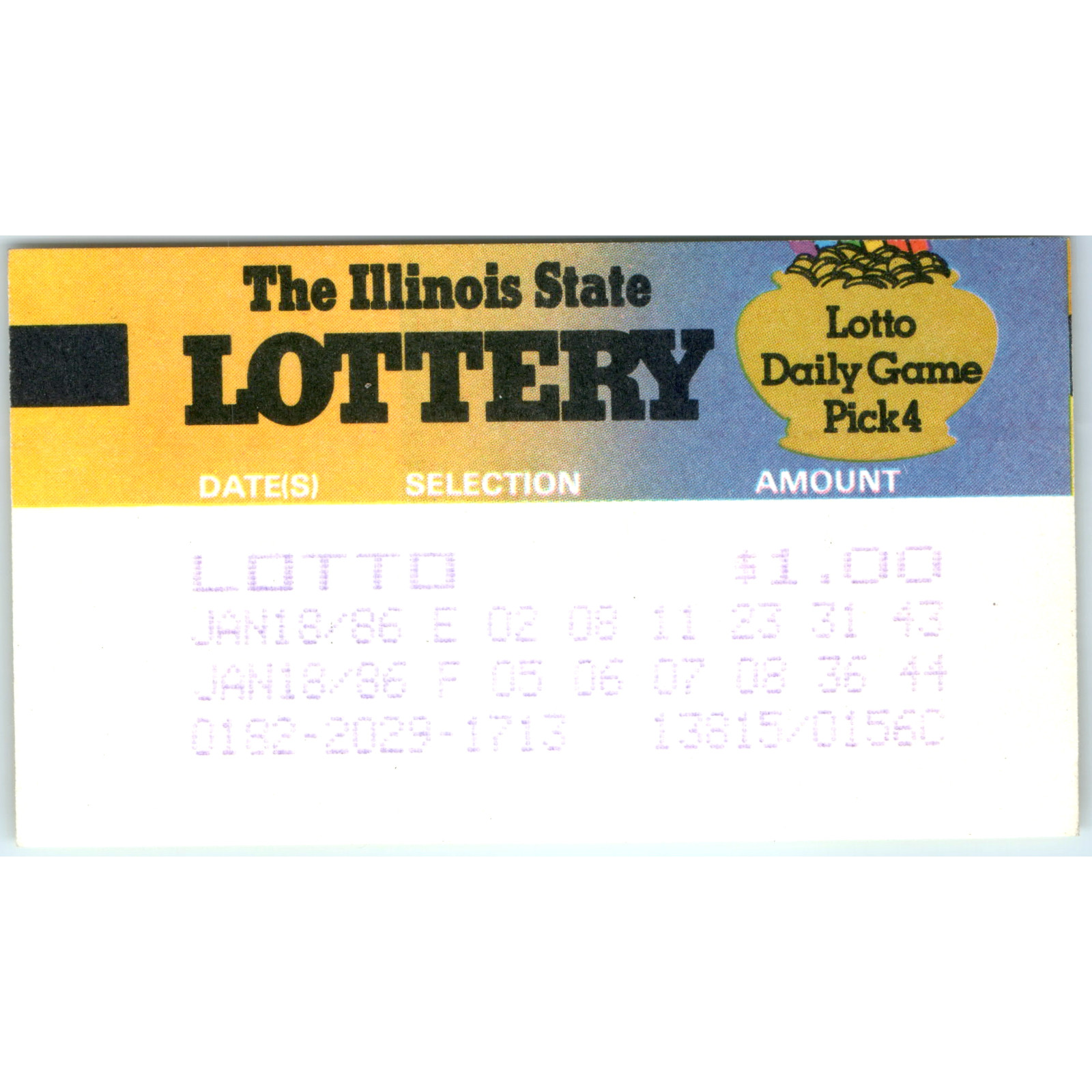 1986 Illinois State Lottery Lotto Ticket Pick 4 Daily Game Vintage Ephemera IL